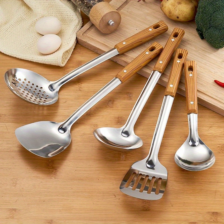 TEMU Five-piece Set Of Wood Grain Handle Insulated Thickened Stainless Steel Spatula Soup Spoon Frying Spatula Slotted Spoon Insulated Kitchen