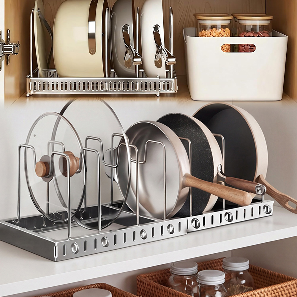 Image of Expandable Pans Organiser Rack, With 10 Adjustable Dividers, Pot Lid Holder, For Baking Tray And Chopping Board