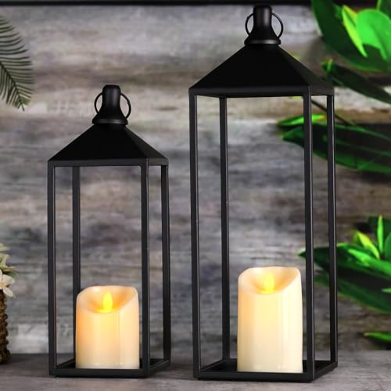 TEMU Set Of 2 Lanterns | Decorative Indoor And Outdoor 17' 13' Black Vintage Lantern, Metal Rustic Lantern Decor For Room, Porch, Mantle, Patio, Home