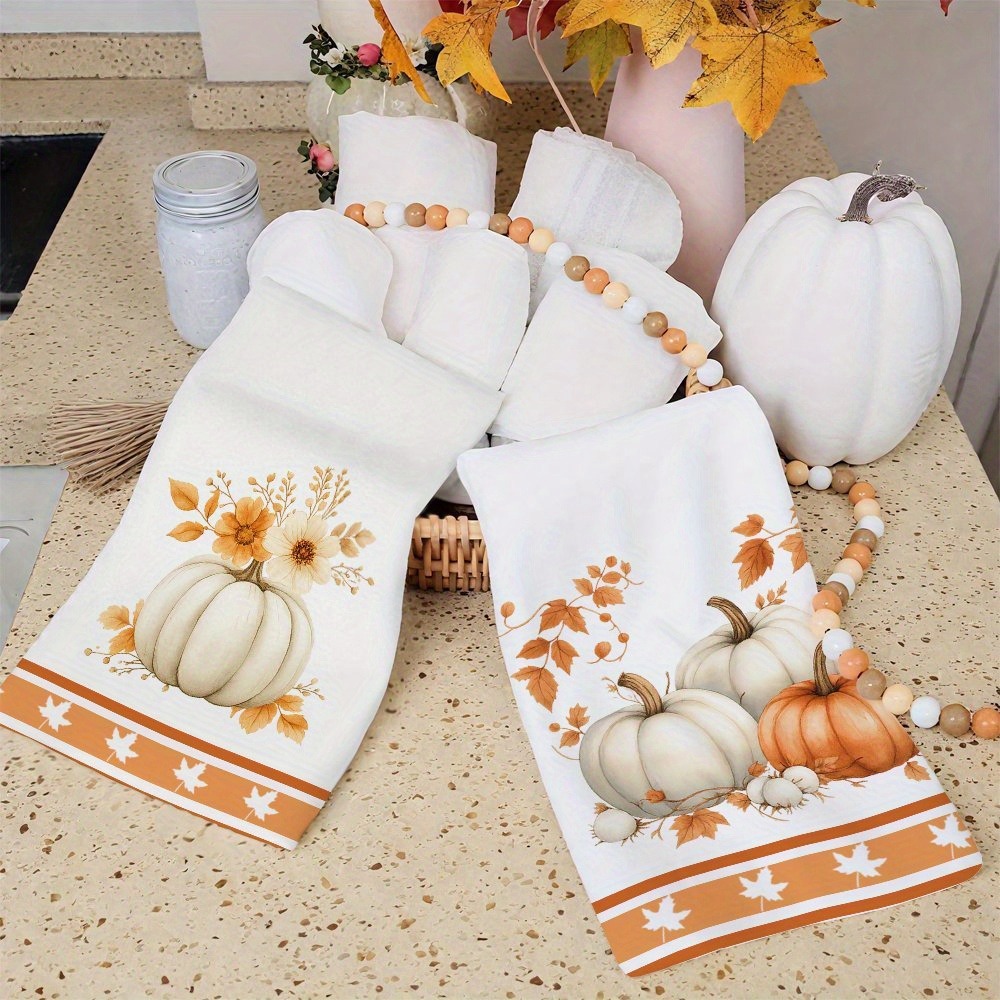 TEMU Cleaning Cloth 2pcs Kitchen Towel, Autumn Pumpkin Towel, Featuring Patterns Of Pumpkins, Autumn Leaves, And Flowers With Warm, Soft Tones, Full