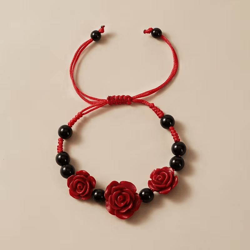 TEMU A Red Rose Bracelet With Black Beads, An Adjustable Hand Accessory Ornament, Suitable As A Gift For , , Or Lovers