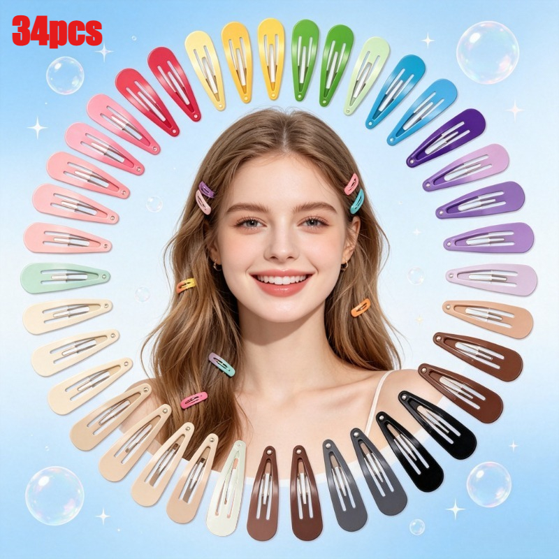 TEMU 34pcs Random Colors Candy-colored Snap Hair Clips, Non Slip, Strong-hold Metal Hairpins, Durable And Quick-styling Hair Accessories Suitable For