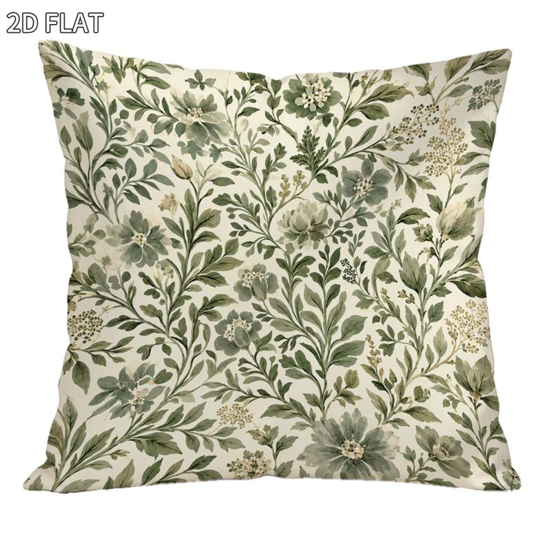 TEMU Vintage Floral Cushion Cover, 18x18in 1pc, With Green Pattern, 2d Flat- Decorative Pillowcase For Home Bedroom Living Room, Elegant Fresh For