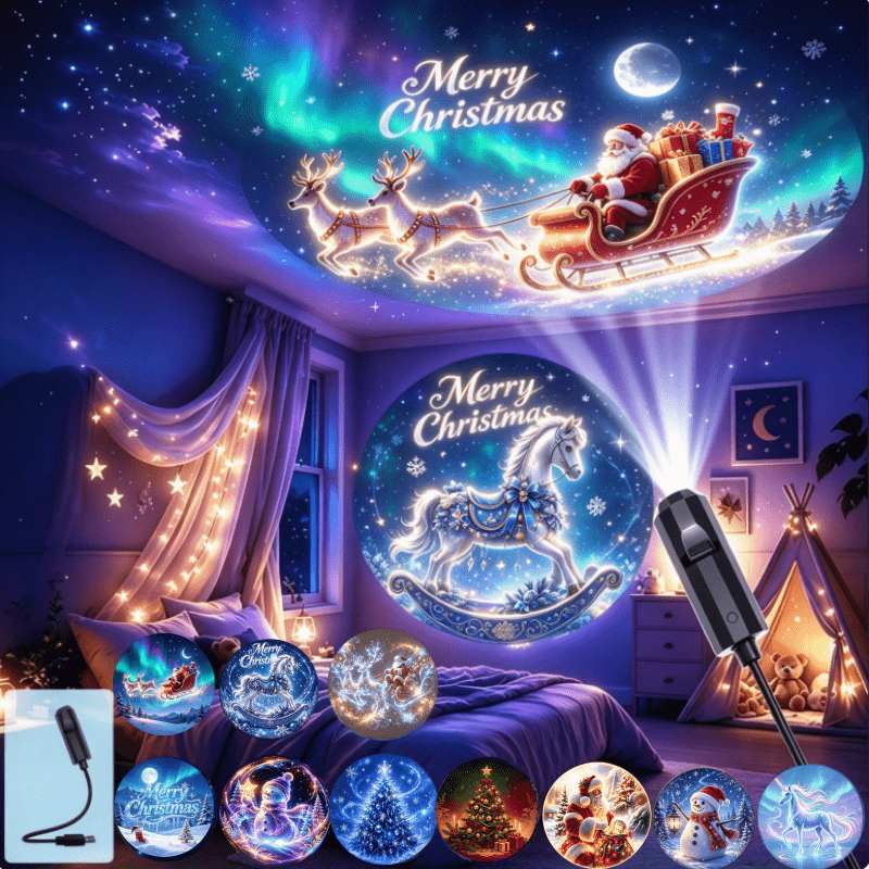 Image of Christmas-themed Projection Lamp Set, Including 1 Unit Main Unit And 10pcs Different Christmas Pattern Slides. Projection Of Colorful Christmas Scenes