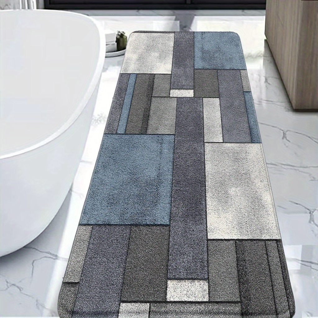 TEMU 1pc Blue-gray Geometric Print Rectangular Bath Mat, Modern Minimalist Style, 1cm Thick - Foldable Cashmere With Tpr Backing, Machine Washable,