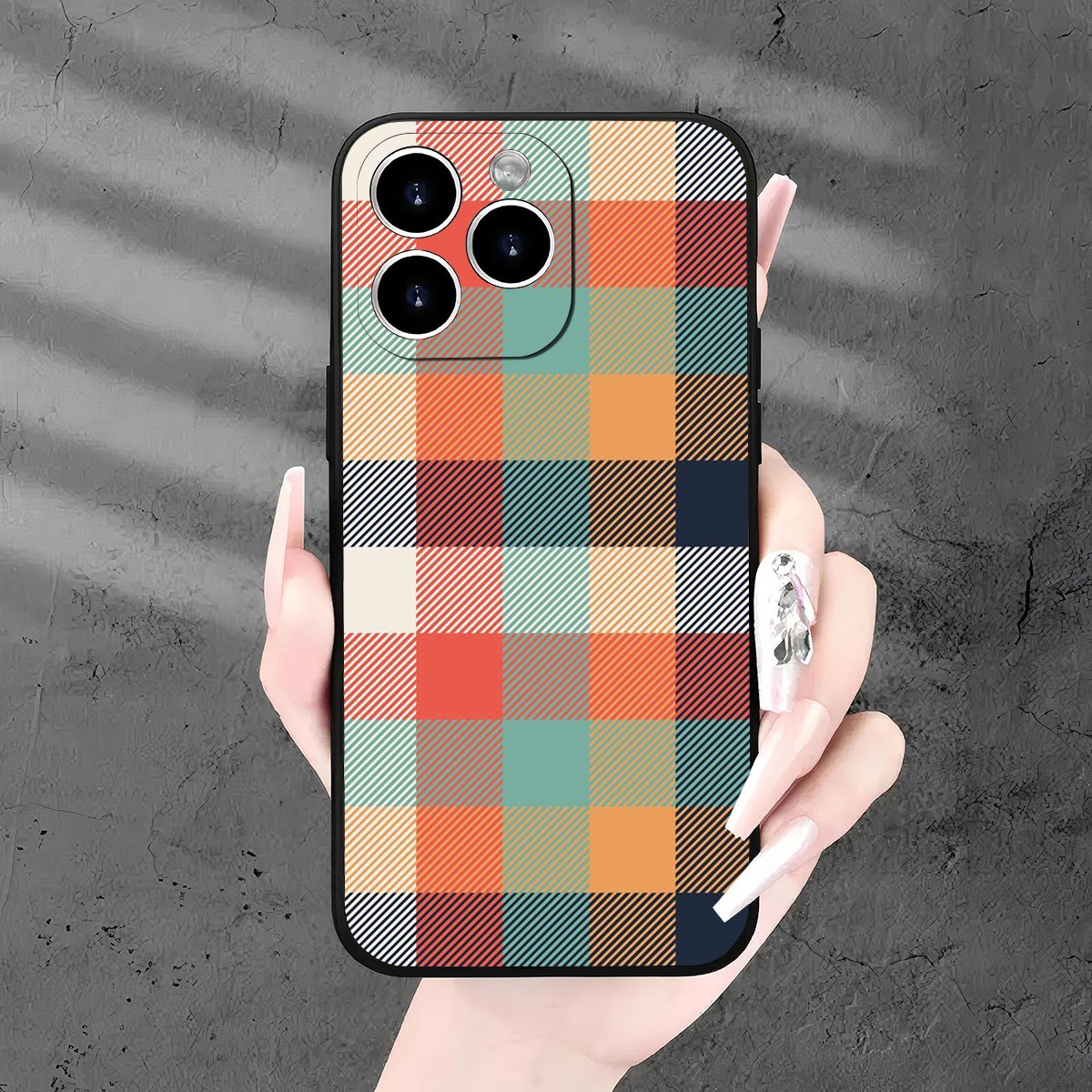 1pc, candy stripe business style shock-resistant tpu black phone case with camera protection for iphone models 11/12/13/14/15/16/pro max or plus series, gift code cy042800927., plaid pattern phone, checked phone, vintage check phone case 0