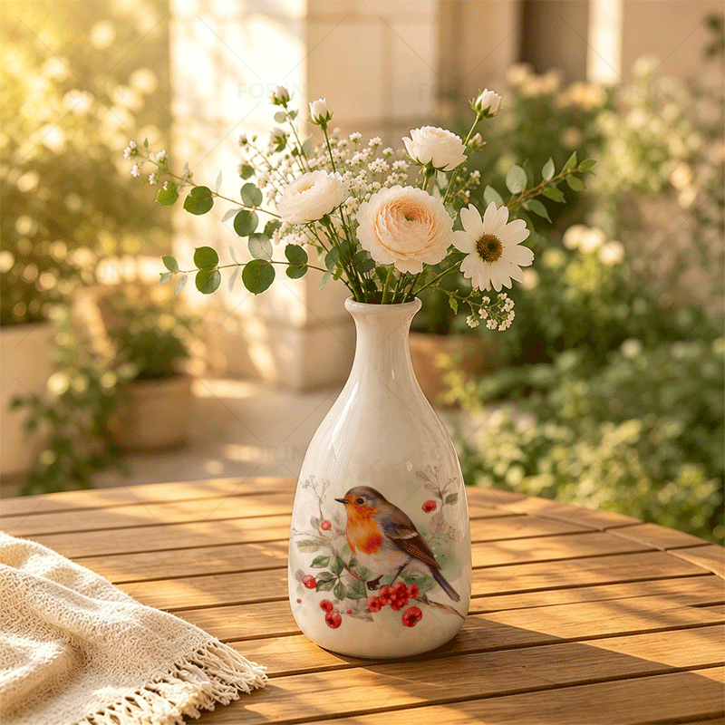TEMU 1pc Forjn Ceramic Vase With Red Bird & Berries Pattern - Bell-shaped Suitable For Dried Flowers, Rustic Farmhouse Decor,, Bedroom Centerpiece,