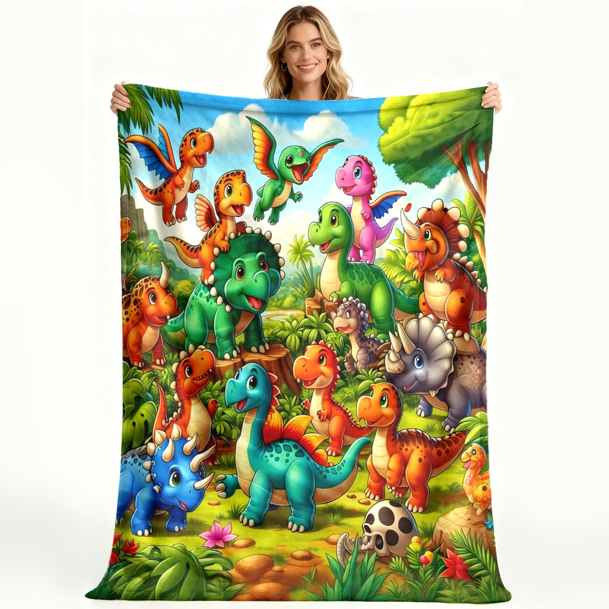 TEMU Couverture Motif Dinosaure Jungle Luxuriant Imprimé, Couverture en Polaire Imprimée Tendance, Imprimé Confortable, Cadeau Anniversaire Étude,