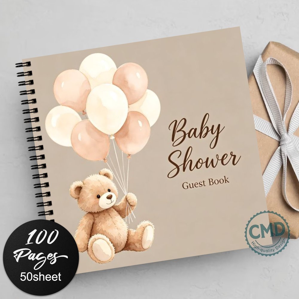 TEMU 1pc Cmd Retro 1970 Teddy Bear Guest Book With Balloons - Vintage Baby Shower & Wedding Register Suitable For Bridal Showers, Birthdays,