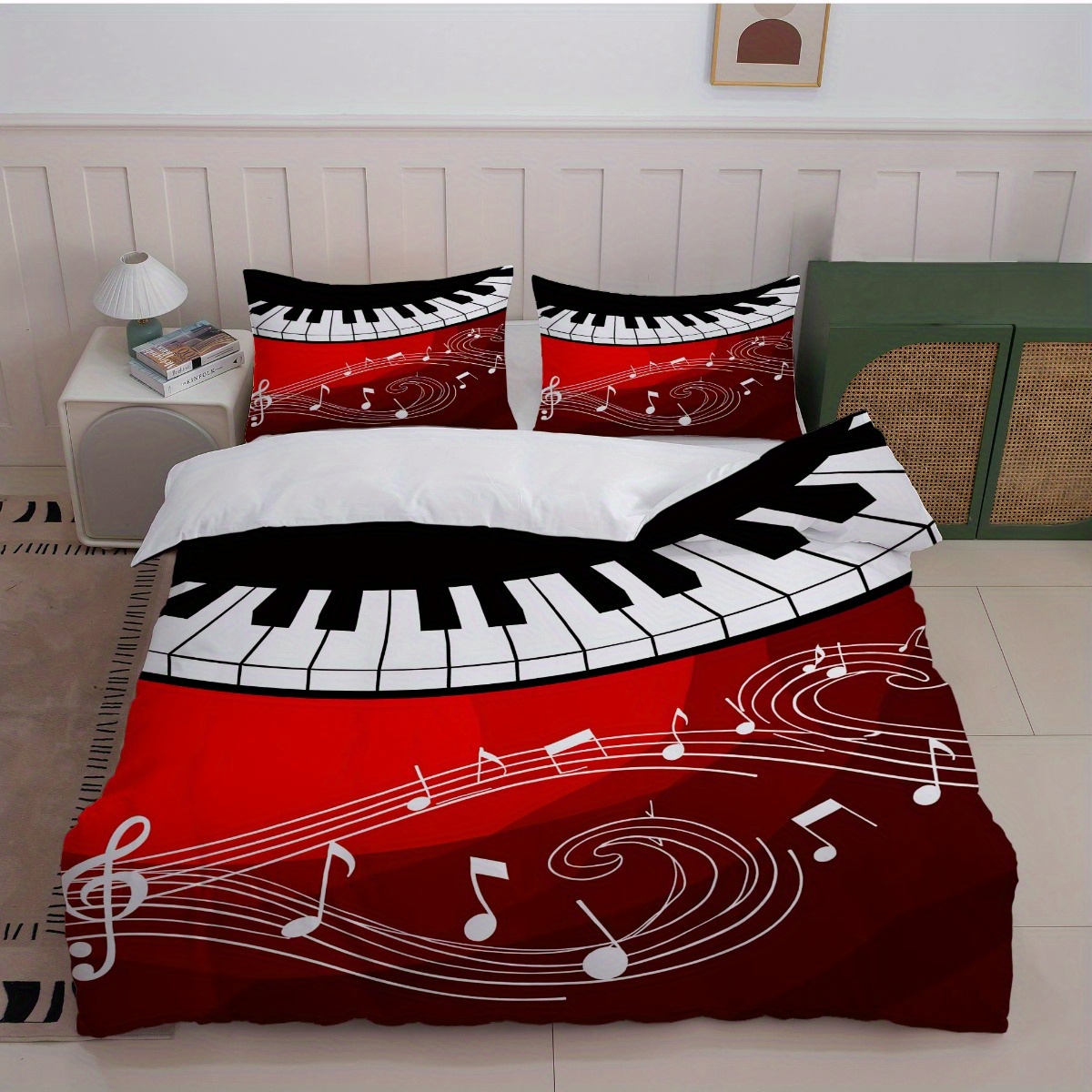 TEMU 3pcs Music Themed Bedding Red With Piano Keyboard And Musical Notes Print (1duvet Cover   2pillowcase, Without Core) For Bedroom Decor