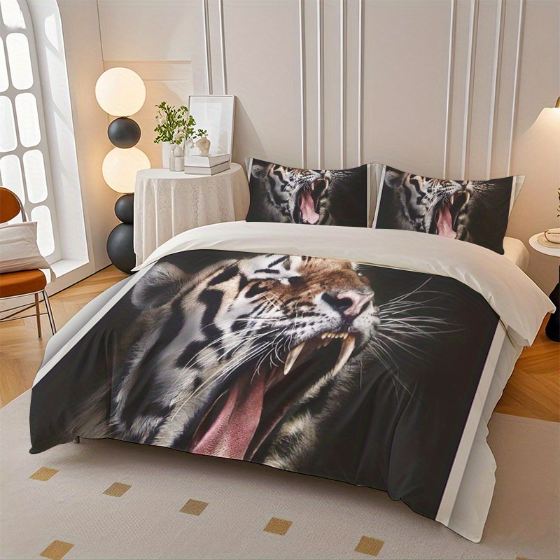 2/3pcs Tiger Roaring Fierce Printed Duvet Cover Set, Which Includes a Duvet Cover And Pillowcases - Perfect for Bedrooms And Bedding Decoration | Machine Washable Polyester Duvet Cover Set | an Ideal Choice for Christmas, Valentine'S Day, And More., Highend Fabric Woven Piece, Plush Bedspread, Digitally Printed Cloth, Halloween Duvet, Bedrooms And Bedrooms decor., Duvet Decoration Comfort., King Size Bed Frame with Headboard, Duvet Pack for Bedroom Decor, Bedding Basics, Fantasy