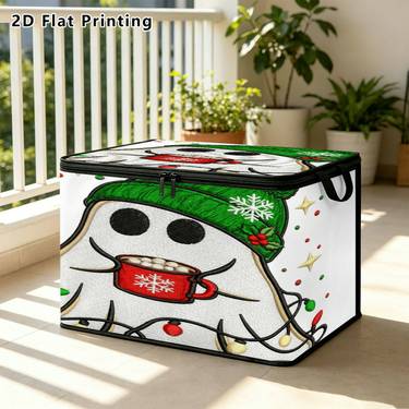 2D Plano 1 ud. Cubo de Almacenamiento de Muñeco de Nieve Navideño | Tela Suave, Plegable, Tapa Abatible, Cesta Organizadora Multiusos con Asa para Dormitorio del Hogar