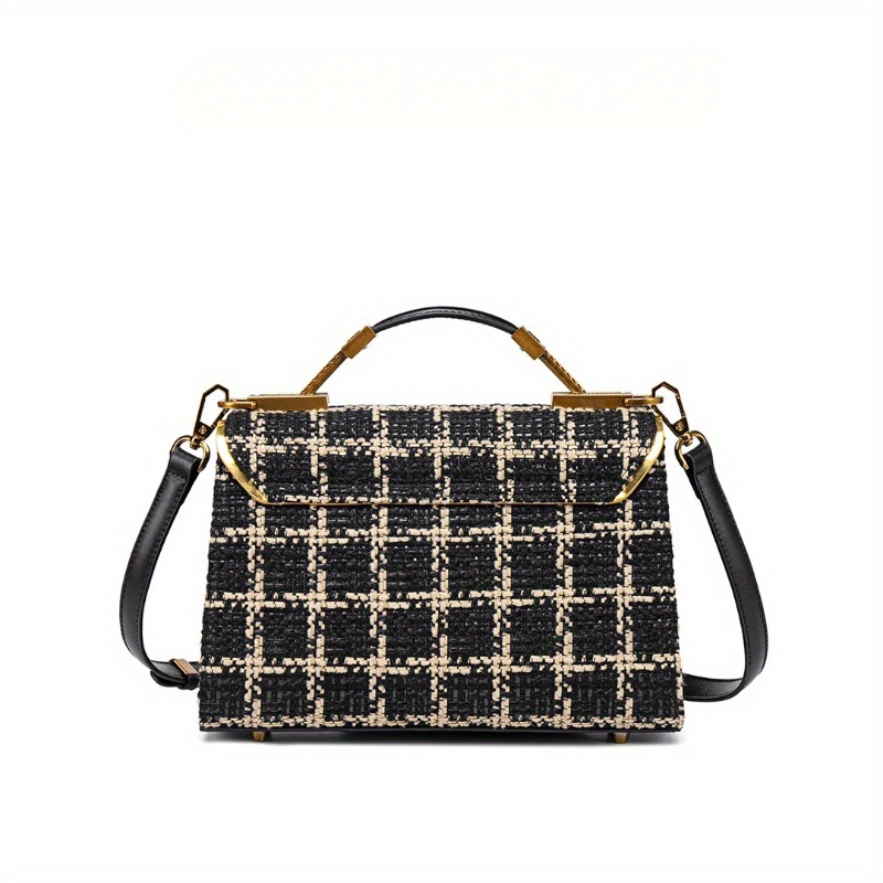 Houndstooth Split Leather Top Handle Shoulder Bag