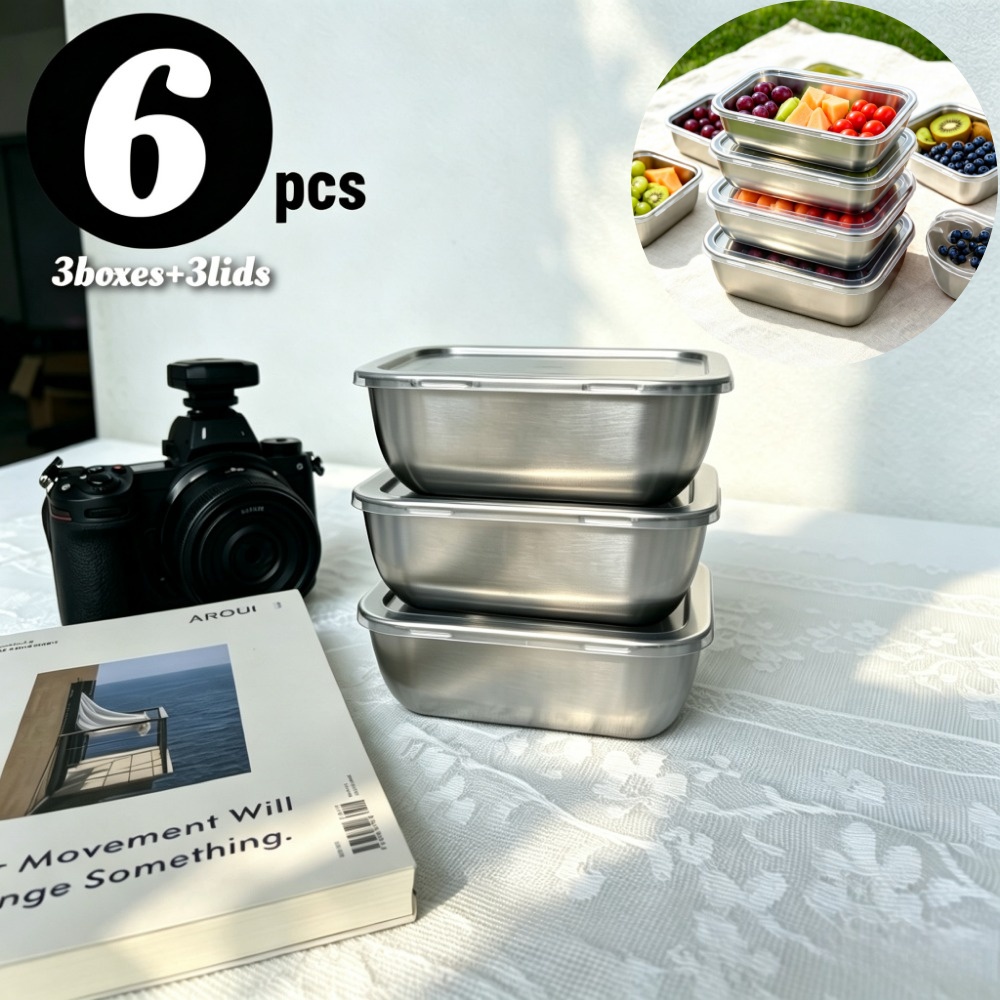TEMU 6pcs High-quality Reusable Stainless Steel Lunch Boxes (3pcs Lids And 3pcs Boxes), Food Storage Containers With Lids, Fresh-keeping Boxes, 304