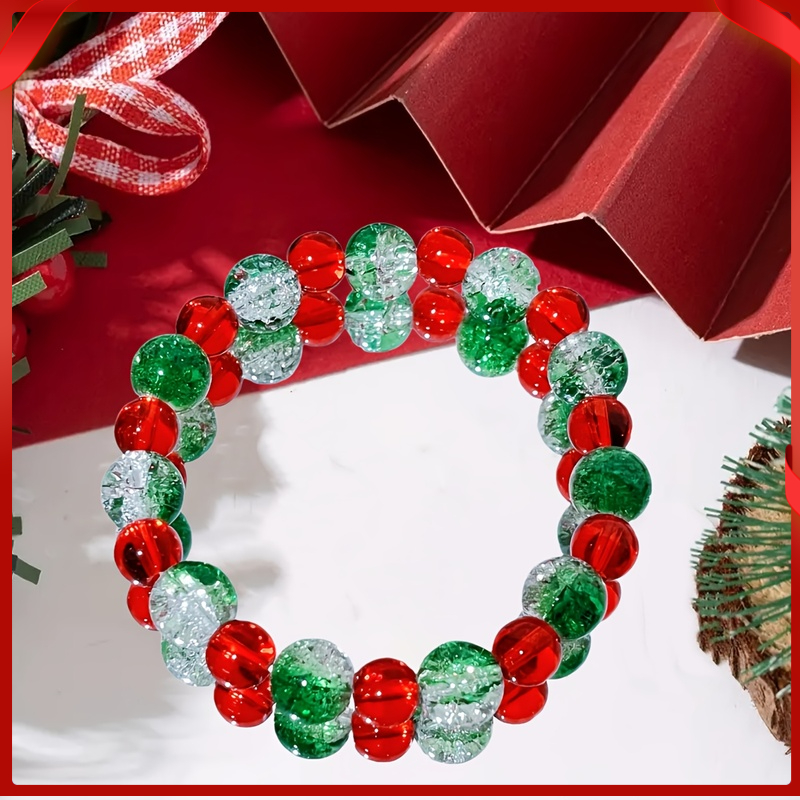 TEMU Women' Bohemian Crackle Glass Bead Stretch Bracelet - Red & Green Round Beads Elastic Wristband, Non-metal Suitable For Daily Wear, Festive