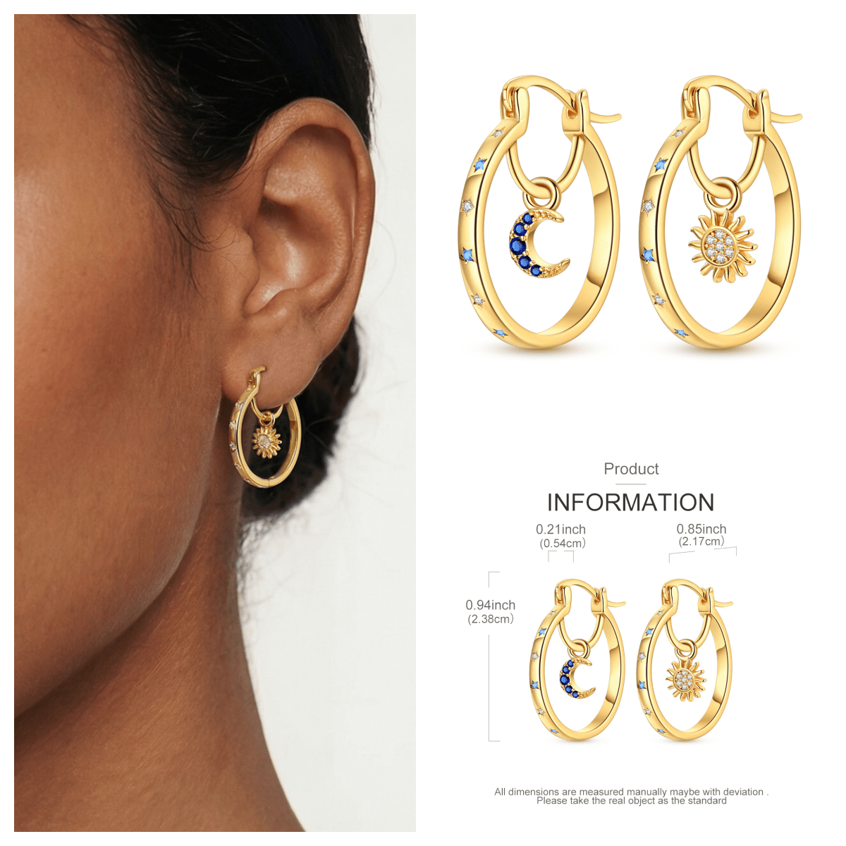 Copper 925 Silvery Plated, 1pair Golden Earrings With And Moon Pendants, Wearing This You More Elegant And Refinedcute
