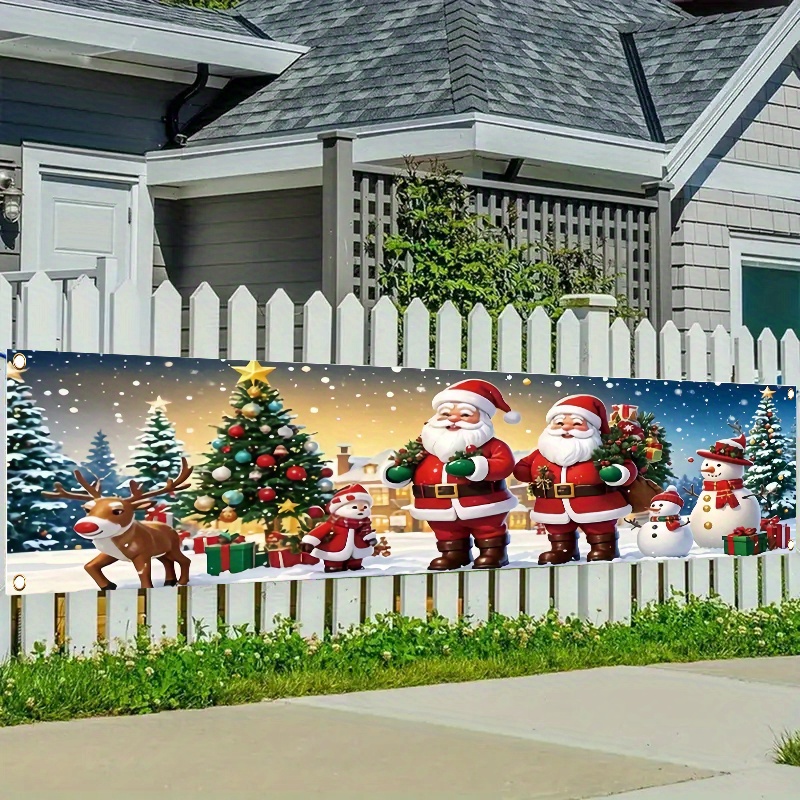 TEMU ()1pcs, Merry Christmas, Winter, With Santa Claus And Snowman, Reindeer Pattern - Pattern Polyester Decorative Fence Banner Decoration, Outdoor