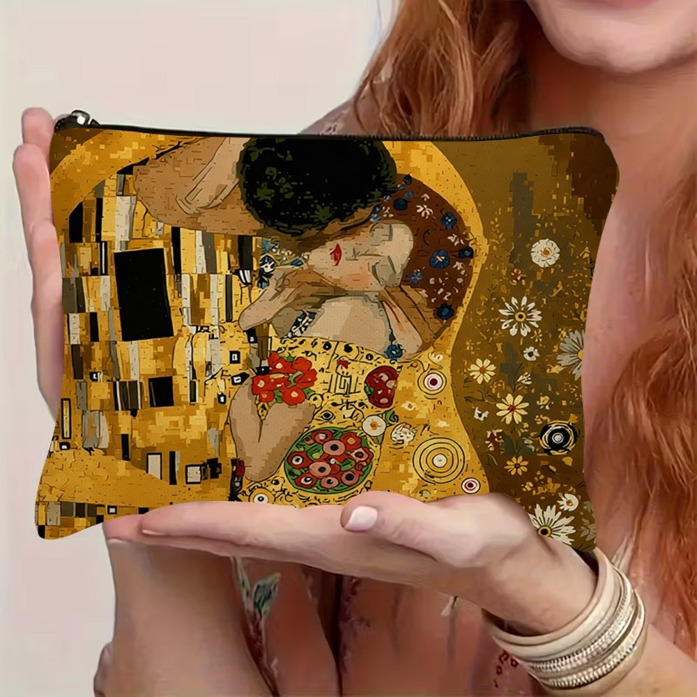 TEMU 1pc 2d Flat Printed Gustav Klimt Art Pattern Cosmetic Bag, Stylish Golden Decorative Design, Smooth Zipper Closure, Lightweight And Durable