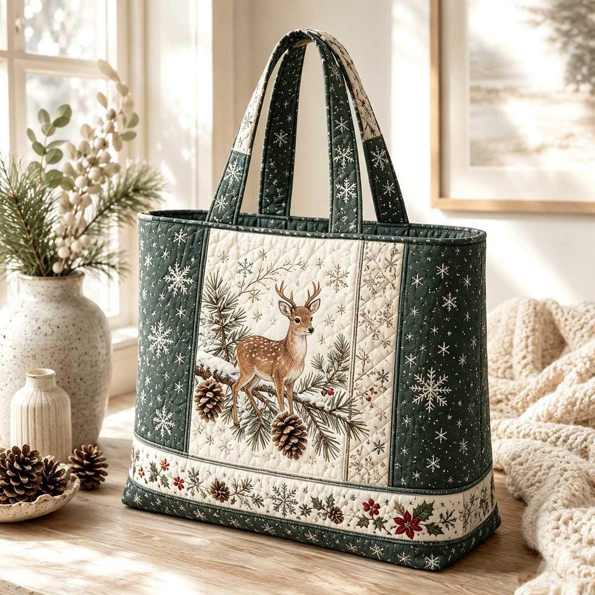 TEMU Grand sac à main matelassé d'hiver vintage et cabas pour femme, convient pour les achats de Noël - Motif , branche de pin, de neige, sac