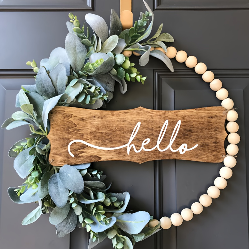Modern Hello Wooden Bead Arch Wreath Garland With Plastic Lamb's Ear Leaves, A Floral Decoration Perfect For Doorway, Outdoor, Garden Decor