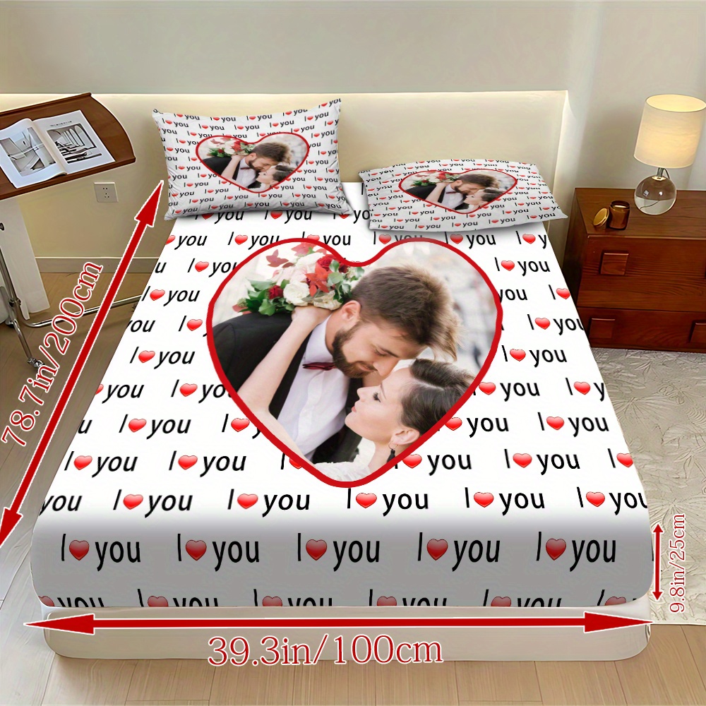 custom 3pcs i love you personalized printed bedding set couple fitted sheet set 1 fitted sheet 2 pillowcases   elegant   breathable light beige friendly bed linens in multiple sizes   decor with comfortable mattress protector Product details 7