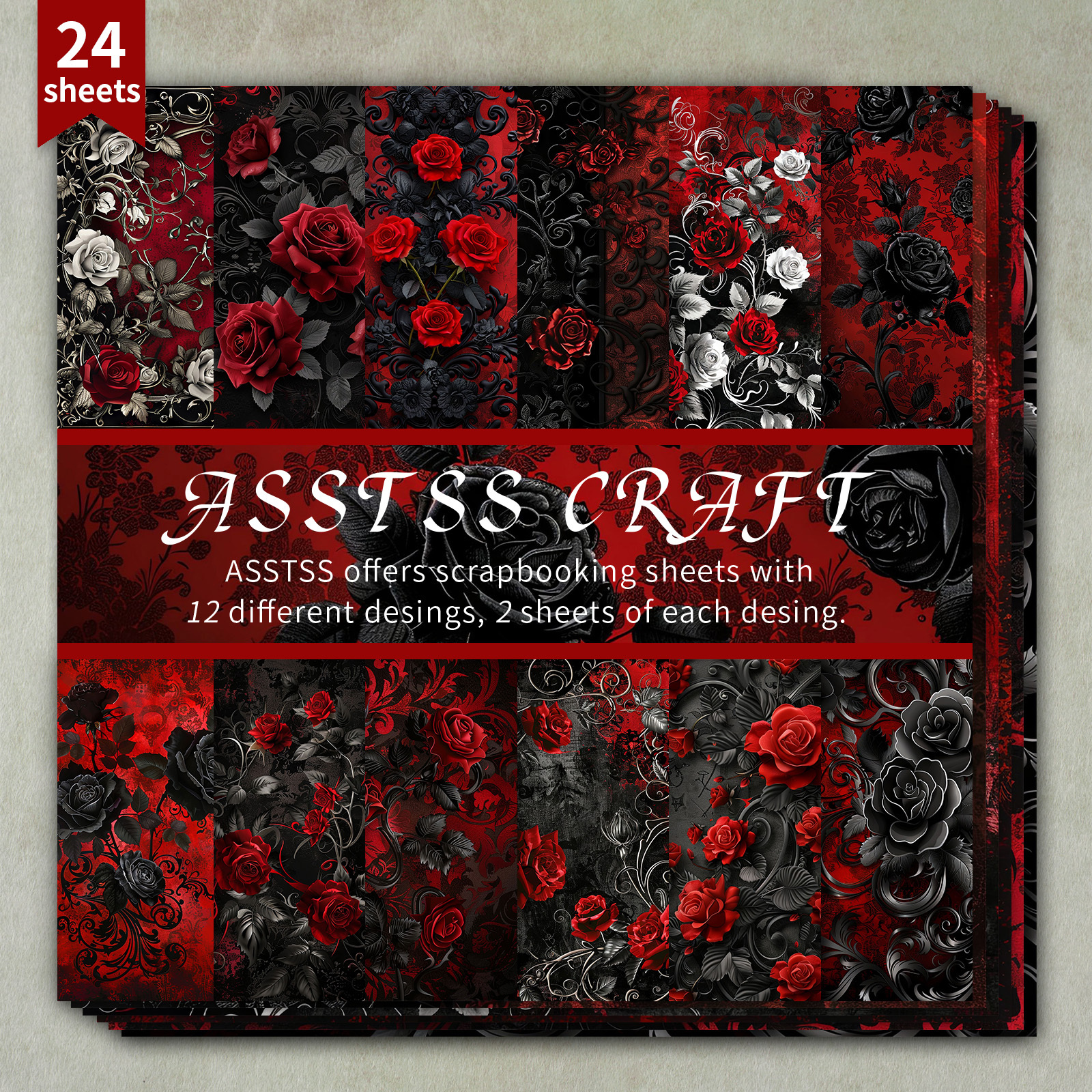 TEMU Bloc de papier de scrapbooking gothique ASSTSS de 24 feuilles avec roses noires et rouges, convient pour le journaling, papier cartonné épais,