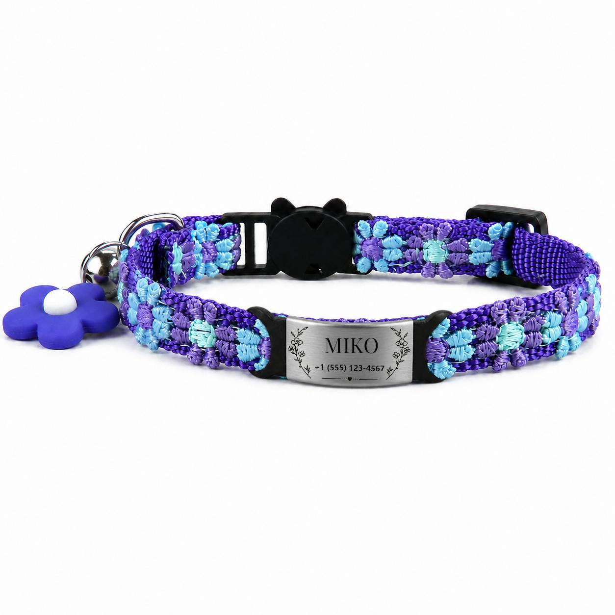 TEMU 1pc Customizable Cat Collar, Floral Bell Neck Collar With Daisy And Heart Patterns, Engravable Metal Tag For Name And Phone Number, 1cm Width,