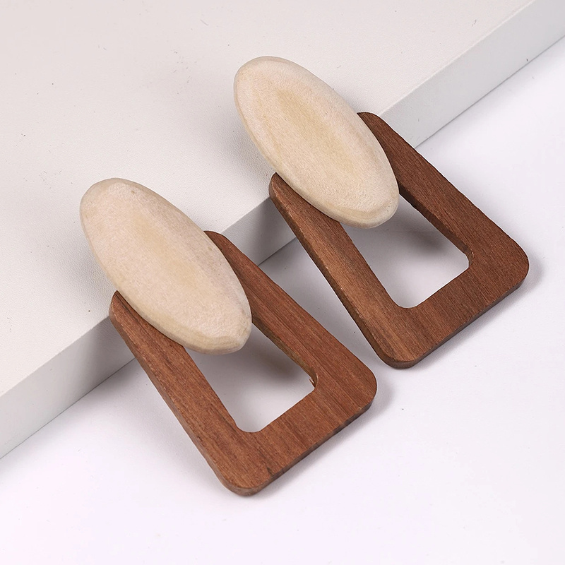 TEMU 1 Pair Aizx Women's Bohemian Wood Earrings - Hollow-out Geometric Spliced Studs, Beige Suitable For Daily Wear, Parties, Vacations, Suitable For