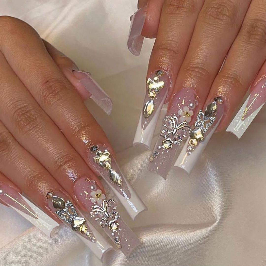 

24pcs (1 Pack) Elegant Long Square Press-on Nails With Pink Hue, Whitefrench Tips, And Embellished 3d Flowers And Butterflies - Withgolden Heart Rhinestones, Parties And