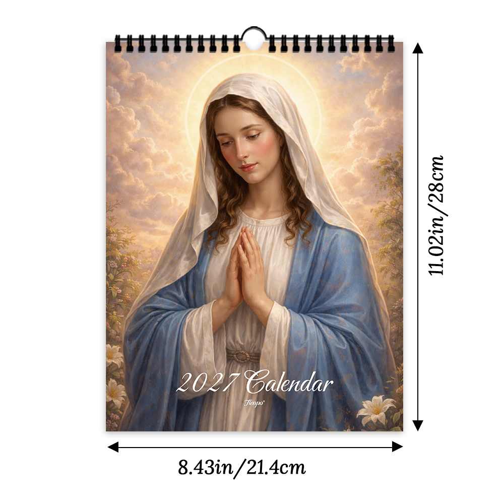 TEMU 1pc, Calendrier 2027 Rétro Peinture à l'Huile, Vierge Catholique et Ange, Calendrier Mural Décoratif de Prière d'Église, Convient , , l'École,