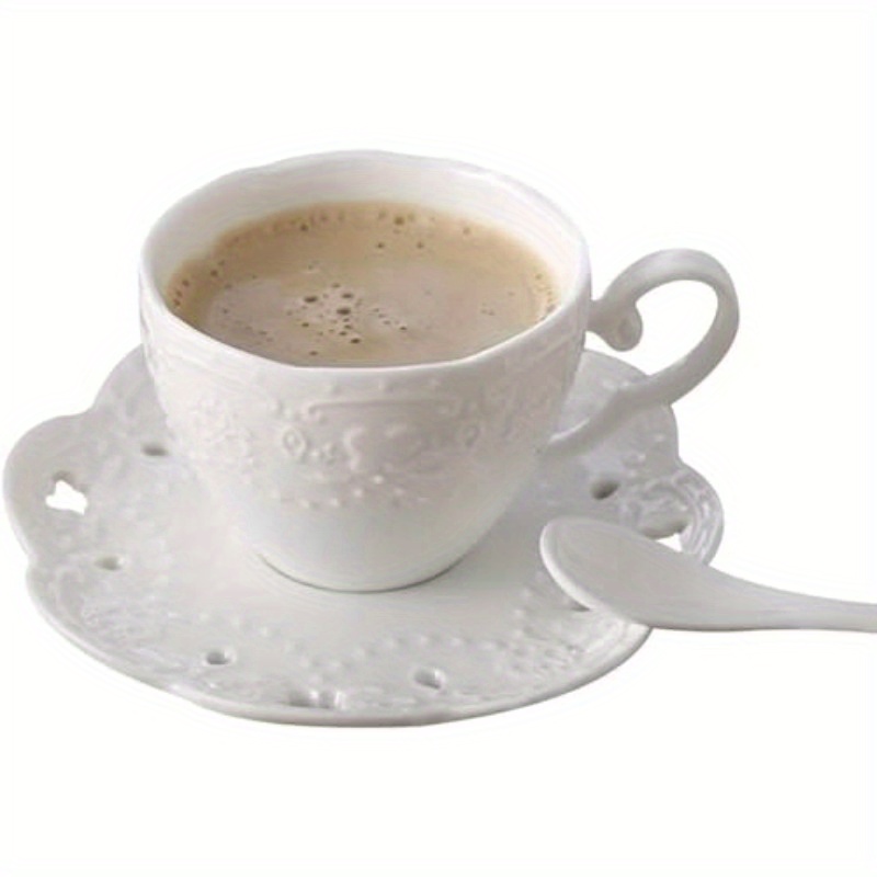 elegant white bone china ceramic cup and saucer set with floral embossing   coffee or tea ideal for home kitchen or breakfast use coffee bar accessories Product details 0
