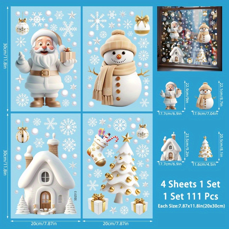 TEMU 111pcs Christmas Window Clings, Reusable Golden Christmas Window Decorations Decals Snowman Santa Claus Double Sided Christmas Window Stickers