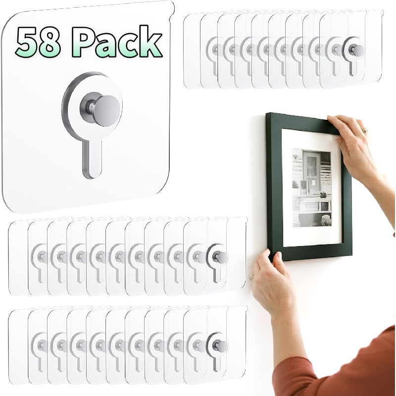 TEMU 58pcs/set(give Away 2pcs)of Self-adhesive Picture Hooks, 9.07kg Load Capacity, Heavy-duty Self-adhesive Wall Hooks For Hanging Waterproof Photo
