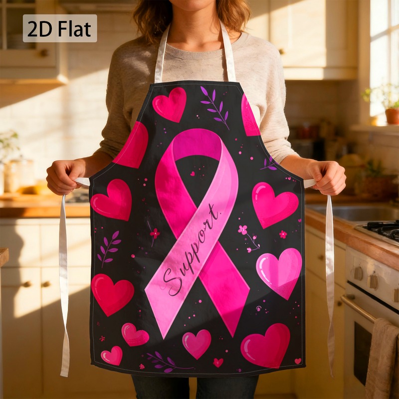 TEMU 1pc Apron Breast Cancer Awareness Support Ribbon Hearts Graphic Chef Apron Motivational Print Decorative Apron Unisex 27x22in(68x55cm) Durable