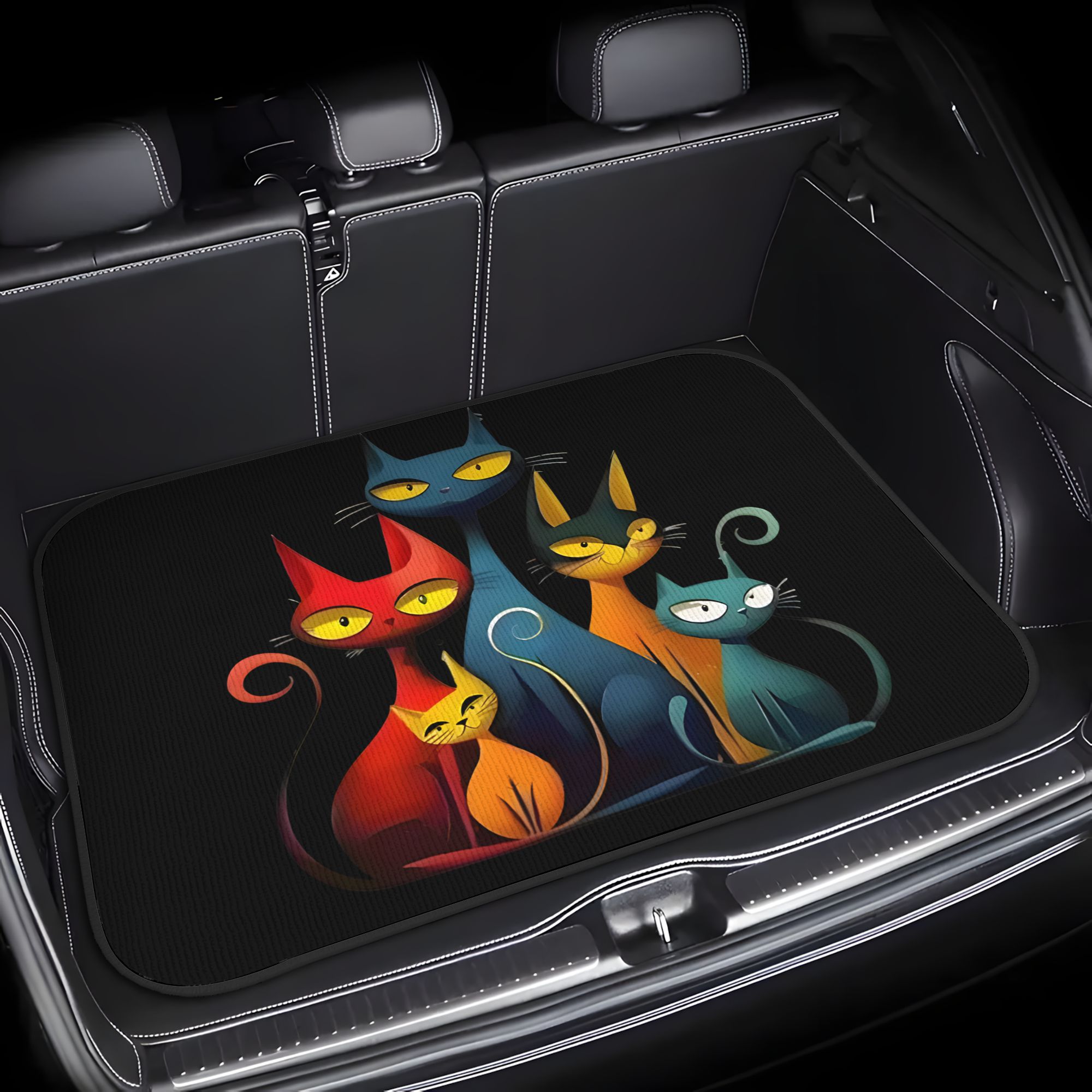 TEMU 1pc Geometric Colorful Cats Car Trunk Mat - Vibrant Design, Durable & Vehicle-fit Trunk Liner, Gift For Housewarming, Car Accessory For Family &