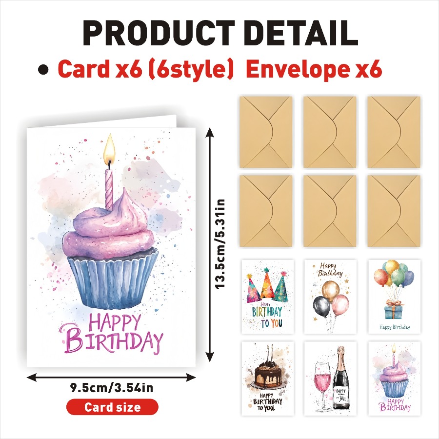 TEMU 6-set Greeting Card With Envelope Set - Watercolor Balloon And Birthday Cake Happy Birthday Card, 6pcs Unique Text Designs, , Suitable For