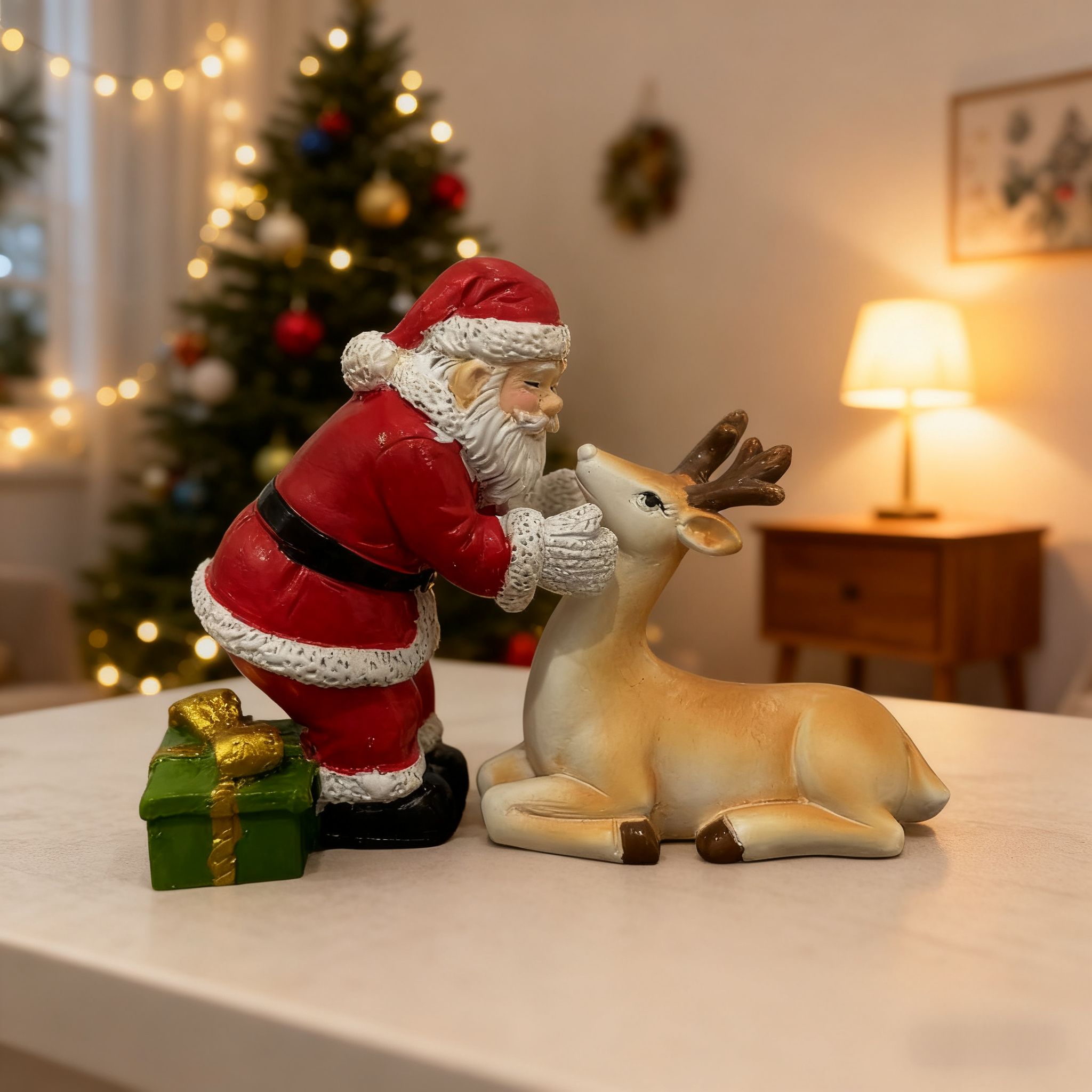 Image of 2pcs Christmas Santa Claus& Reindeer Resin Figurines Set- Festive Santa With Gift Box& Deer Statue For Home Desktop Decor, Holiday Xmas Ornament, Unique Gift For Christmas Season