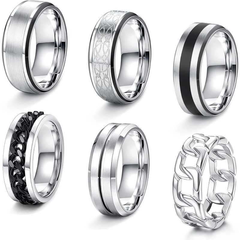 Image of 6pcs Silvery Stainless Steel Mens Ring Celtic Matte Cuban Chain Ring Unisex Jewelry Gift For Christmas And Daily Wear, For Teenager