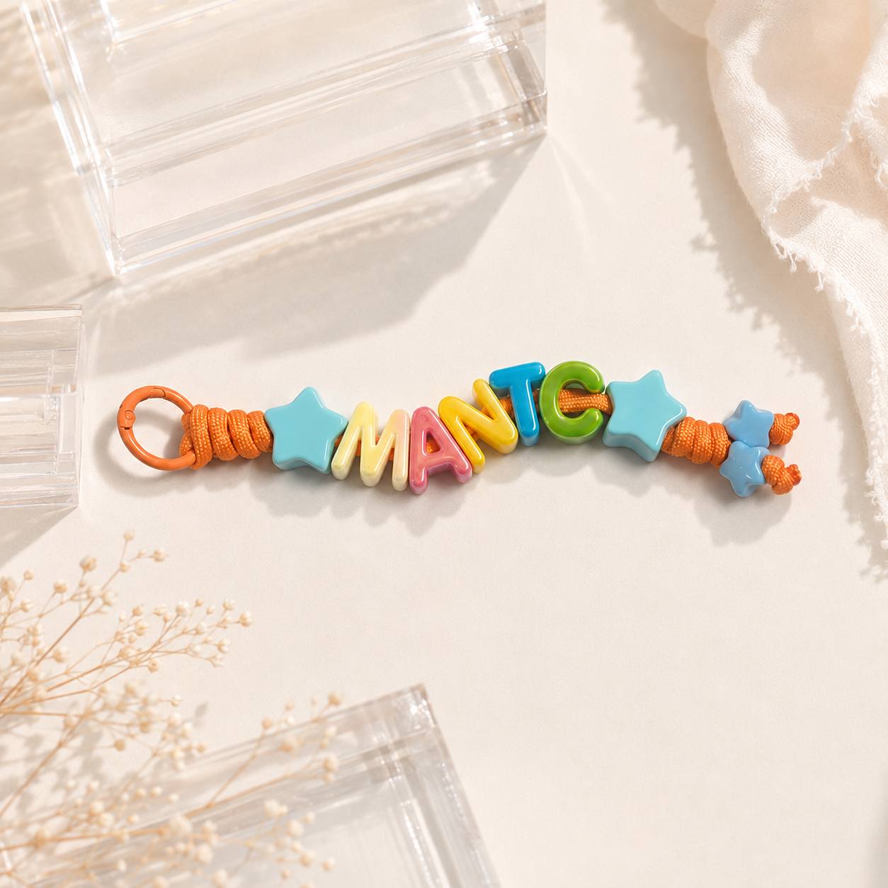 TEMU Personalized Custom English Letter Braided Keychain, Featuring Candy Mixed-color Random Letters  Star Bead Braided Rope Key Ring, Suitable For