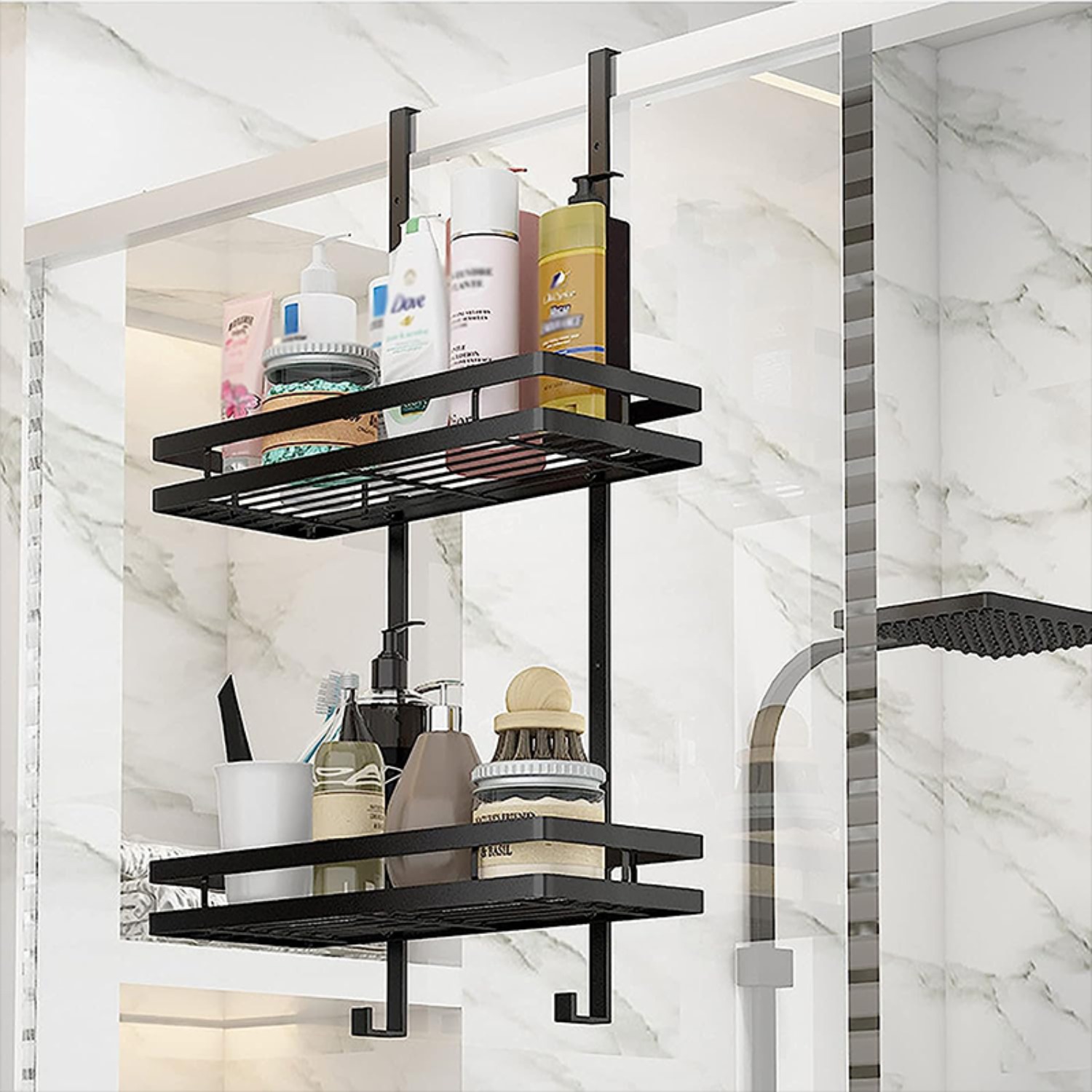 Image of 2-tier Storage Shelf For Shower Door, 18kg Load Capacity, Installation, Fits Glass Doors Up To 6.5cm, Space- Bathroom Organizer For Shampoo Soap, Sturdy & Durable Home Solution