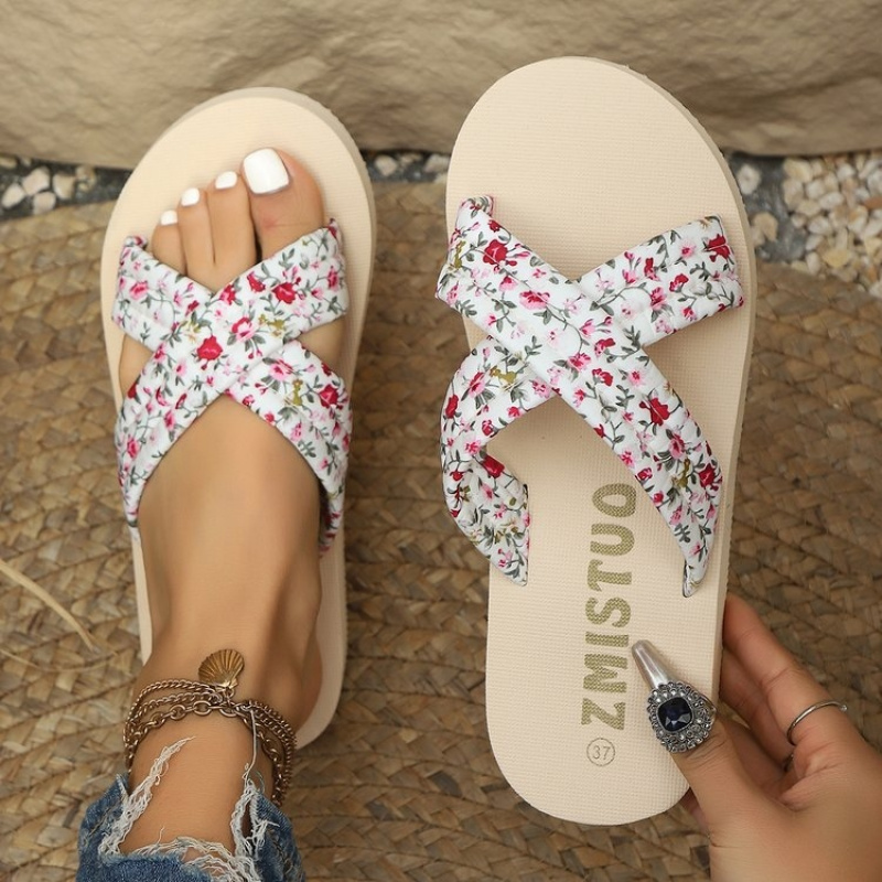 TEMU Women's Floral Print Cross-strap Thick-soled Sandals Quilted Thick-soled Non-slip Summer Beach Slippers, Women Shoes