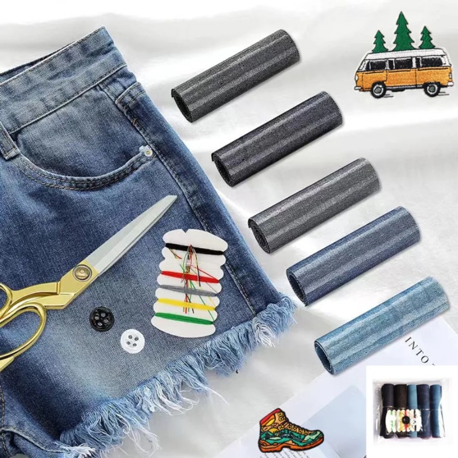 TEMU 5 Rouleaux/Paquet de Pantalons Jean Tissu Vêtements Couture Réparation Patch Autocollants de Vêtements Patchs en Denim (51*8cm), Fentes de Tissu
