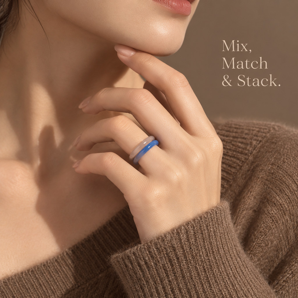 2pcs Natural Stone Ring Set - Gray & Blue Agate
