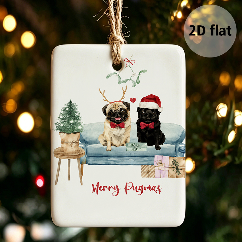 TEMU 2d Flat, 1pc Pug Christmas Ornament With Reindeer Antlers & Santa Hat - Hanging Pendant Suitable For Tree Decor, Pug Dog Decoration For Xmas