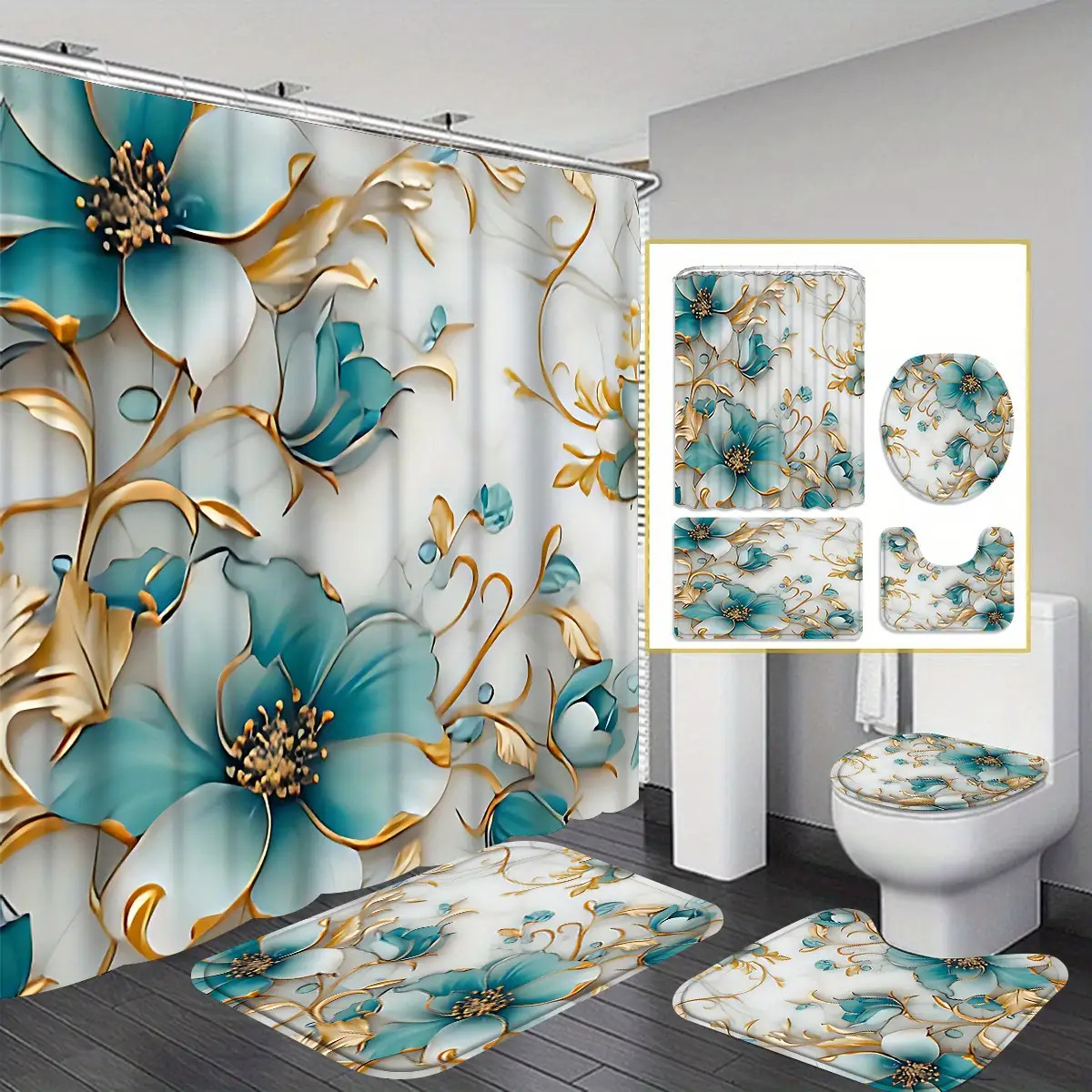 TEMU 4pcs Exquisite Blue& Golden Printed Bathroom Set, Shower Curtain, Modern Light Decoration, 3pcs Toilet Mat Set, Free Hooks