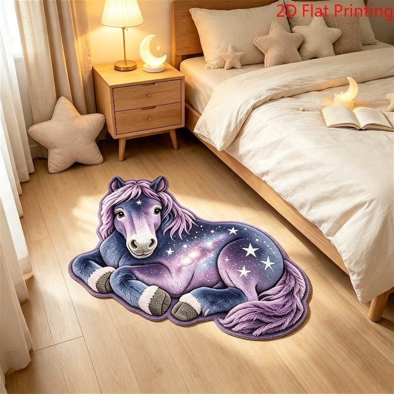 TEMU Velvet 900g 9mm 2d Flat Purple Sleeping Horse Shaped Carpet Starry Night Bedroom Living Room Carpet Entrance Hall Non-slip Floor Mat Balcony