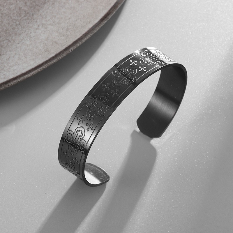 Vintage Cross Pattern Stainless Steel Open Bangle, Unisex