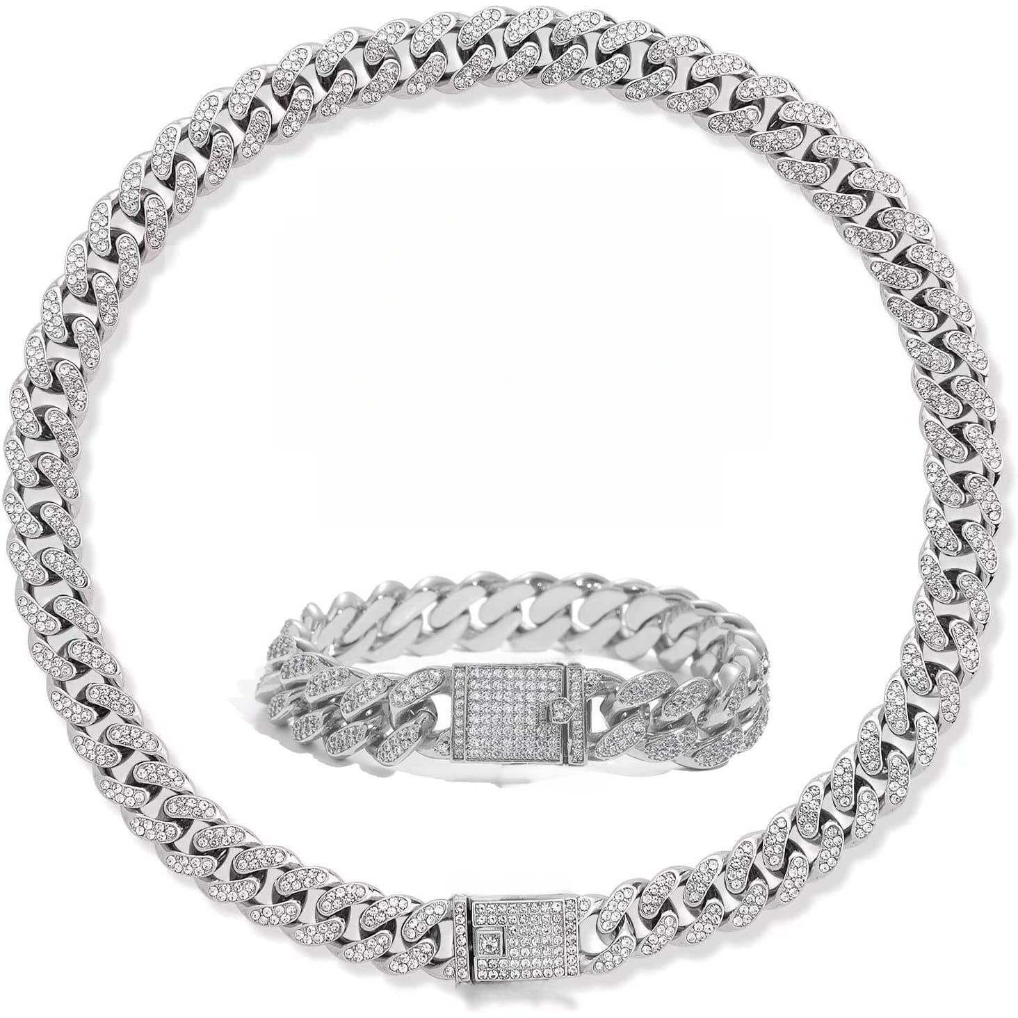 TEMU Unisex 925 Silver Cuban Link Chain Necklace & Bracelet Set | Ice Out Hip-hop Jewelry For Men Women | Best Gift For Husband Boyfriend Dad Brother