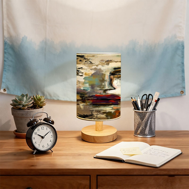 Surreal Abstract Face Full-Print Wooden Desk Lamp