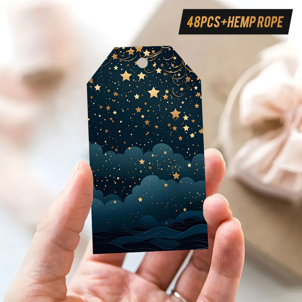 TEMU 48pcs Gift Tags With Hemp Rope, Depicting And Clouds Over A , Luxurious And - , Great For Lovers Of Celestial And , For Gifting To Who Night Sky